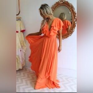 Forever Unique Dress Ruffle Collar Deep V Neck Beautiful Orange woman’s US 2